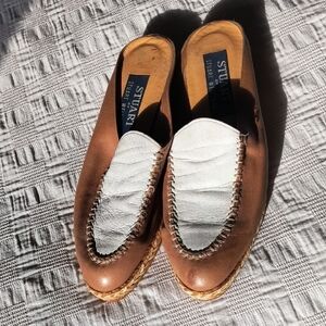 Stuart Weitzman Tan and White Slip-Ons